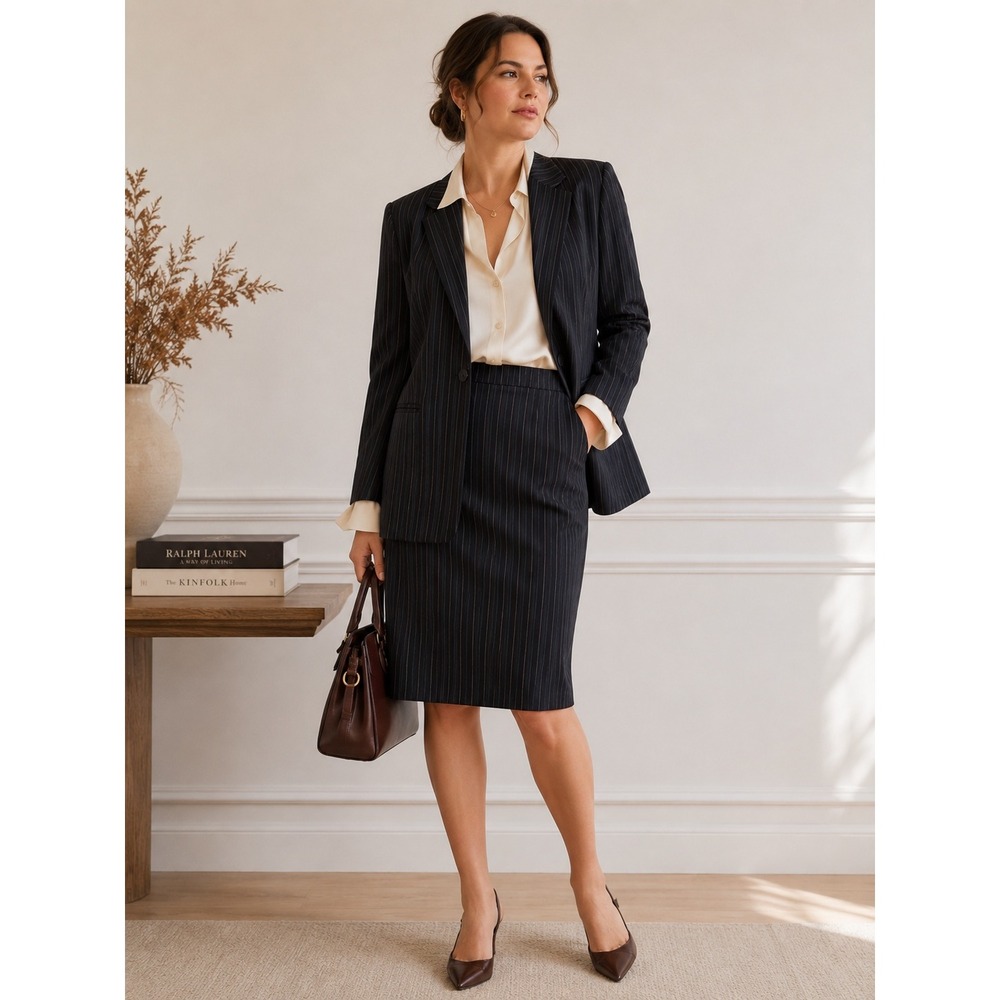 Vintage Pinstripe Skirt Suit Womens 8 Kasper Black Professional Dark Academia